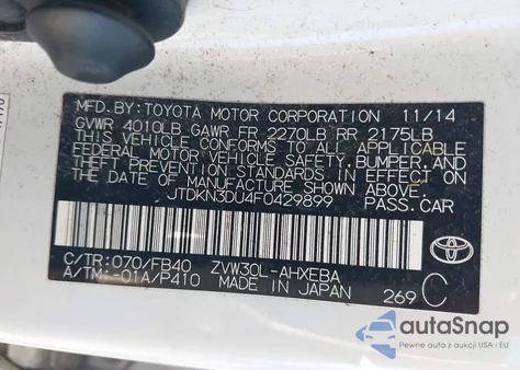 2015 Toyota Prius Two from USA, damaged, VIN JTDKN3DU4F0429899